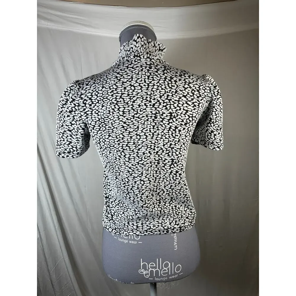 💰Zara M High Neck Leopard Animal print blouse shirt mob wife stretch puff sleeve